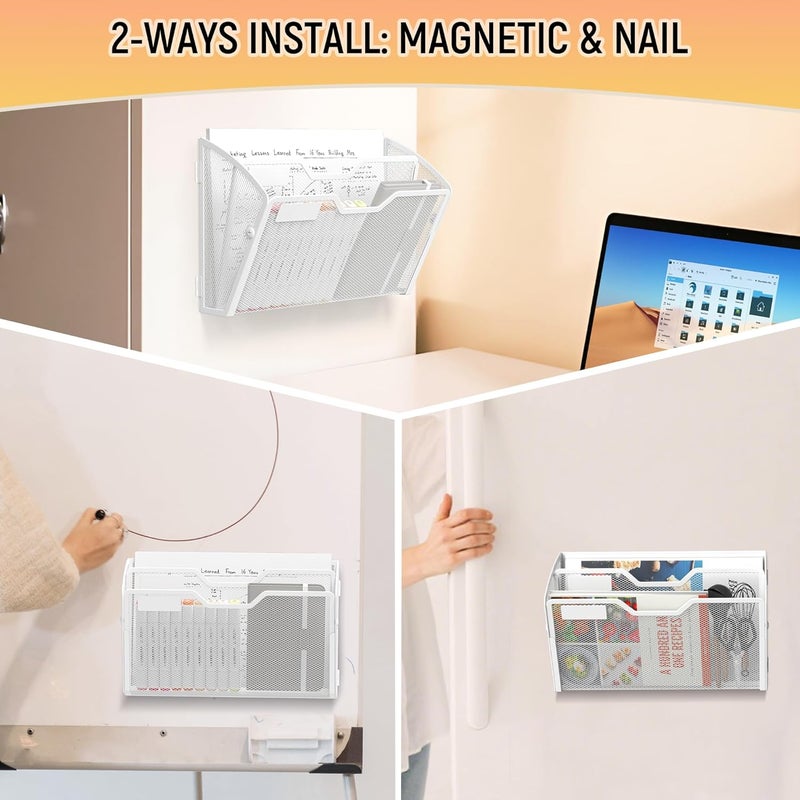 Docnest 2 Tier 3 Pack Magnetic Wall Mounted File Holders,Mesh Letter Organizer, Magnetic Hanging Mail Paper Document Organizer for Office, Home, School, White - Image 5